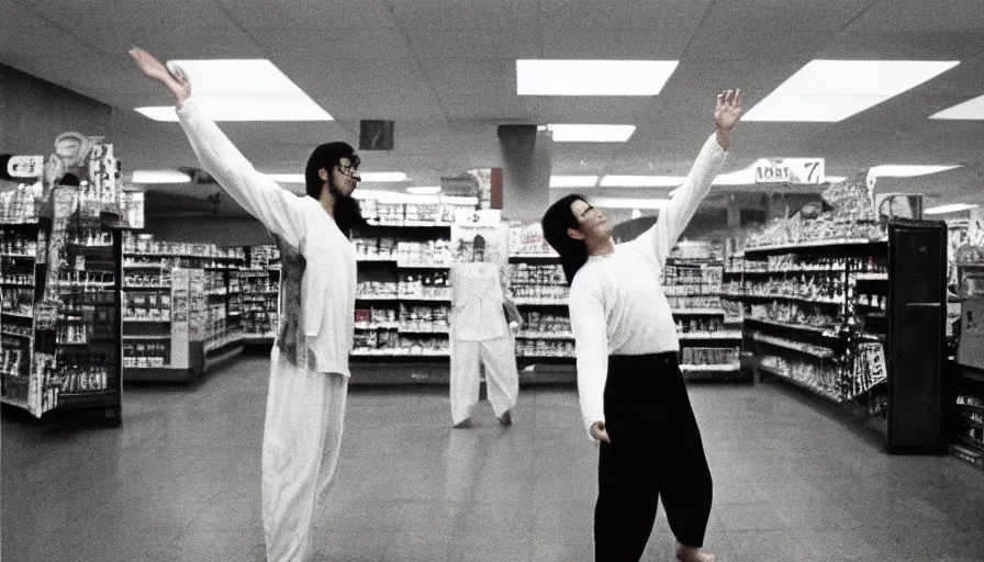 Image similar to 7 0 s film still from a horror movie featuring a person practicing qi gong in the middle of a grocery store, kodachrome, cinecolor, cinestill, photorealism, cinematic, film grain, film texture, vhs recording