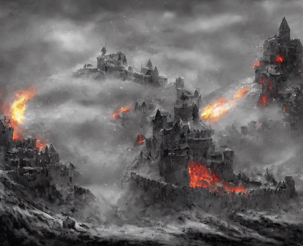 Image similar to Siege of a medieval castle in winter while two great armies face each other fighting below with banners and flags, catapults throw stones at the castle destroying its stone walls, heavy snow storm, fantasy, medieval, fire, explosions and grey smoke here and there, a dragon is slightly seen flying through the sky half covered by clouds smoke and fog, trending on Artstation, detailed oil on canvas painting by greg rutkowski and Raoul Vitale