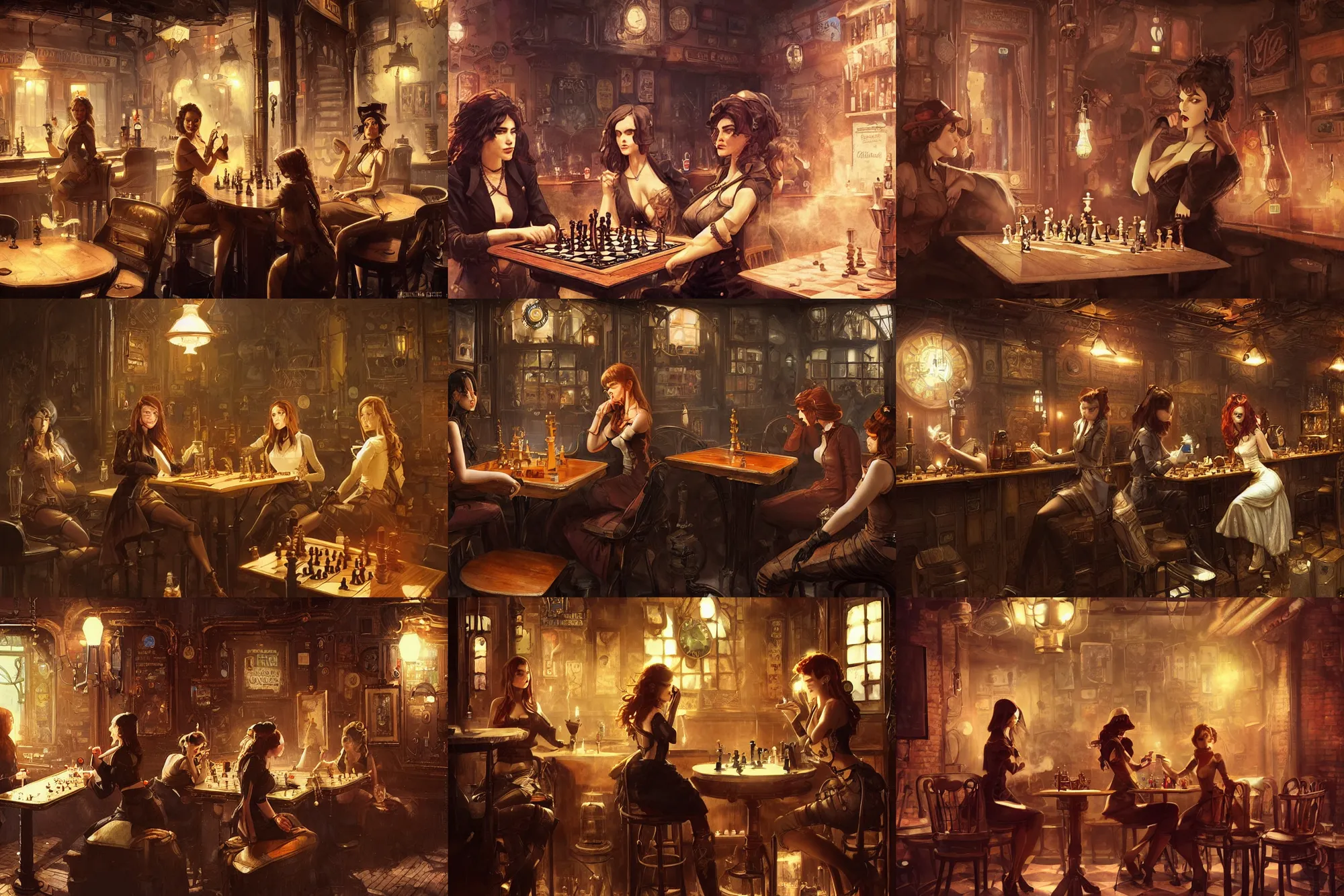 Prompt: women in the interior of a steampunk pub, Greg Rutkowski, Milo Manara, night time, smoking cigarettes, playing chess games, highly detailed, Quentin Tarantino movie posters, pulp fiction, level design, concept art, artstation, cgsociety, zenith view