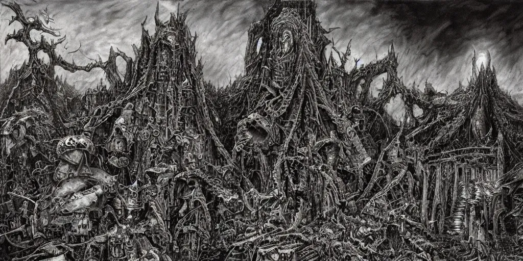 Prompt: ian miller, realms of chaos, landscape, terrifying, ultra detailed