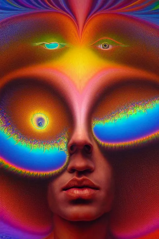 Image similar to hyperrealistic abstract close-up Renaissance psychedelic!! celestial happy! pure creature!! peaceful! kind spirit of nature! beautiful fractal!! eyes! highly detailed concept art eric zener elson peter cinematic hard rainbow lighting high angle hd 8k sharp shallow depth of field endless, inspired by Zdzisław Beksiński Salvador Dali