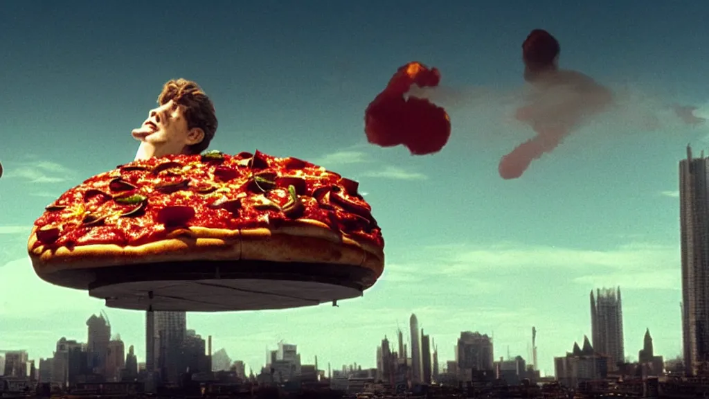 Image similar to the giant pizza floats the city, film still from the movie directed by denis villeneuve and david cronenberg with art direction by salvador dali and dr. seuss