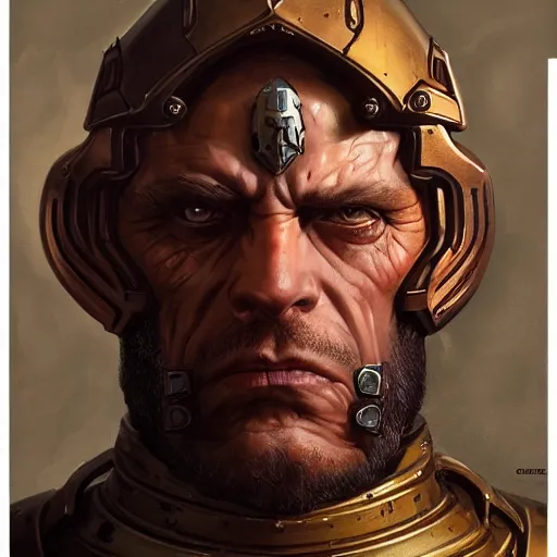 Image similar to the doomslayer as a realistic d & d fantasy character, closeup portrait art by donato giancola and greg rutkowski, vintage retro, realistic face, digital art, trending on artstation, symmetry!!