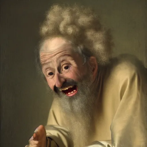 Image similar to baroque portrait of a ancient priest, unwashed, laughing, his eyes are glowing, crazed