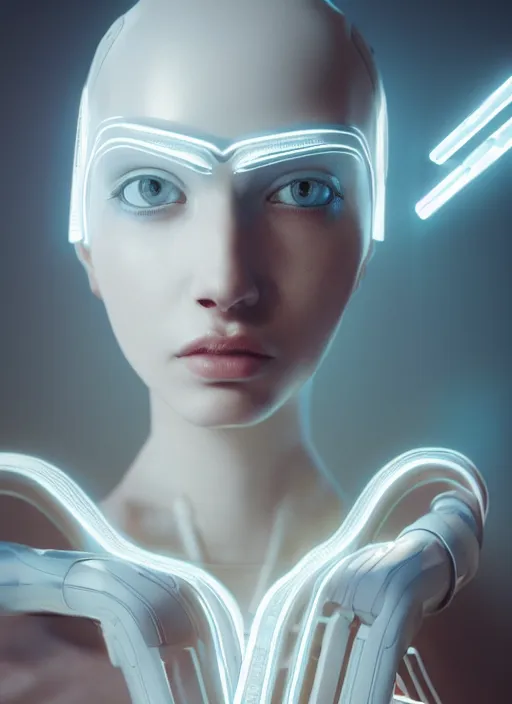 Image similar to white one cast futuristic biomechanics futuristic humanoid, pretty face, beautiful female, futuristic, neon lights, cyberpunk, 8 k, digital painting, by beeple and makoto shinkai, trending on cg society, glamour pose, high fashion, photorealistic, hyper realistic, environmental portrait, ambient occlusion render