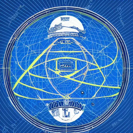 Image similar to schematic diagram textbook illustration of a federal presidential seal, general relativity, quantum mechanics, hilbert space, spacetime diagram