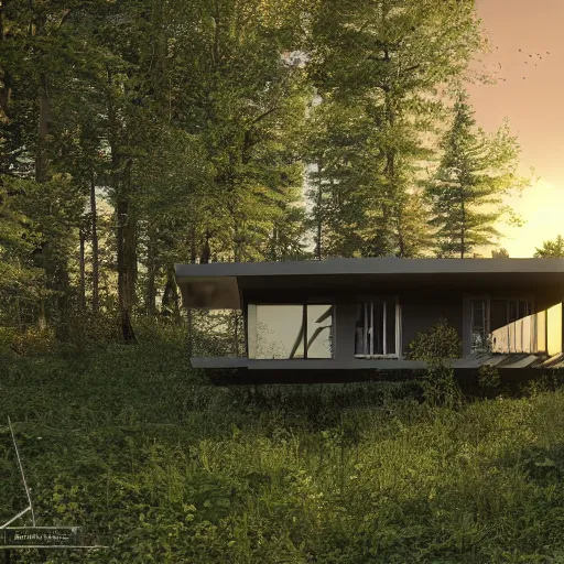 Prompt: a detailed photo of a house in the woods, designed by le corbusier, beautiful sunset, photorealistic, hyperrealistic, octane render