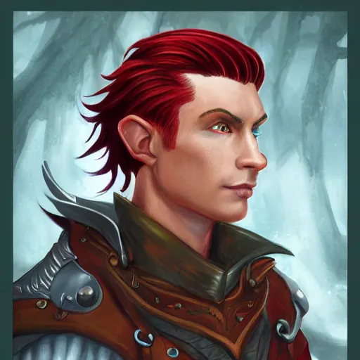Image similar to D&D portrait male half elf artificer with red hair shaved on the sides, digital illustration by terese nielsen