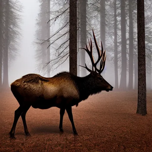Prompt: An elk looking at the camera with red eyes in a dark misty forest, realistic, 4k, detailed - n5