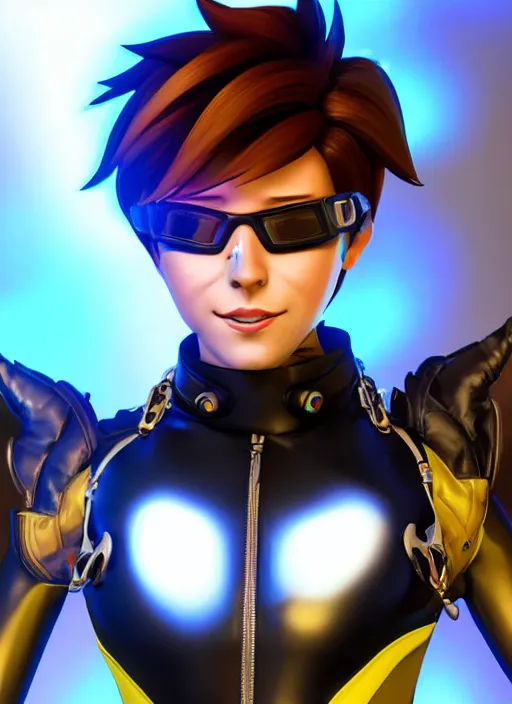 Image similar to portrait bust digital artwork of tracer overwatch, wearing iridescent rainbow latex and leather straps catsuit outfit, 4 k, expressive happy whistling face, makeup, in style of mark arian, angel wings, wearing detailed leather collar, chains, black leather harness, detailed face and eyes,
