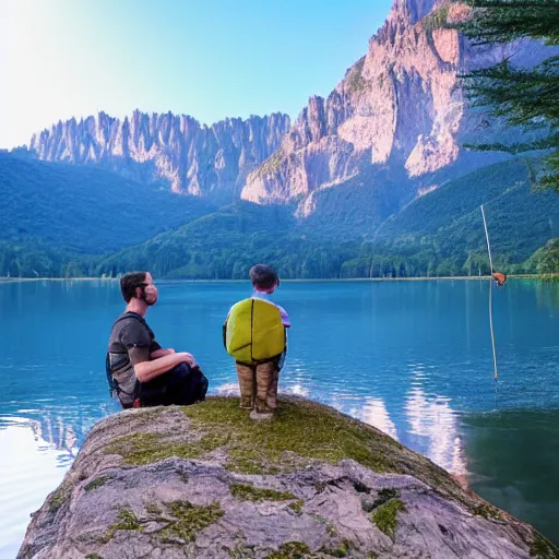Prompt: A stunning landscape with mountains, lake and a tiny wooden house at the edge of the forest. A man is sitting at the lake holding a fishing rod