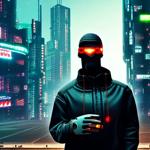 Prompt: gopnik with cyber hands on the background of cyberpunk city