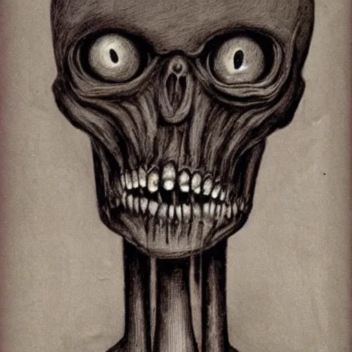 Image similar to humanoid with crooked teeth, two black eyes, long open black mouth, alien looking, big forehead, horrifying, killer, creepy, dead, slightly realistic, long neck, boney, monster, tall, skinny, skullish, deathly, in the style of alfred kubin