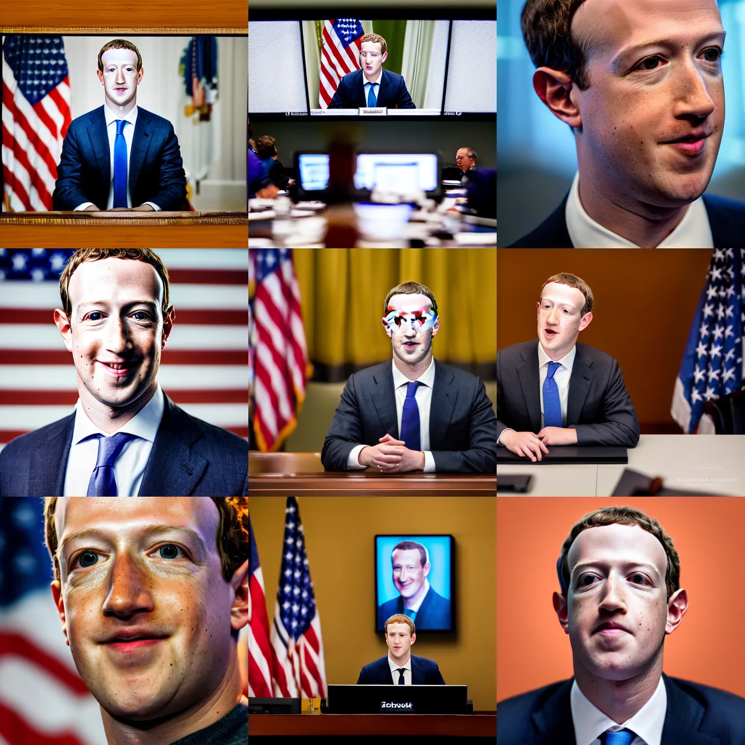 Prompt: headshot of Mark Zuckerberg as the president of the united states in the situation room, EOS-1D, f/1.4, ISO 200, 1/160s, 8K, RAW, unedited, symmetrical balance, in-frame, Photoshop, Nvidia, Topaz AI