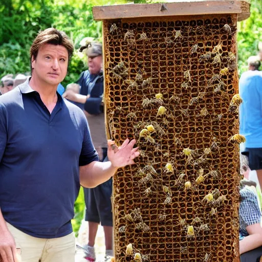 Prompt: Nathan Fillion protecting a bee hive