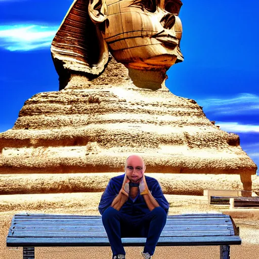 Prompt: bald man sitting on a bench in front of the sphinx, hyper realistic, hdr