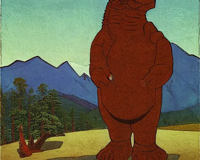 Prompt: ancient godzilla standing in front of altai forest, painting by roerich