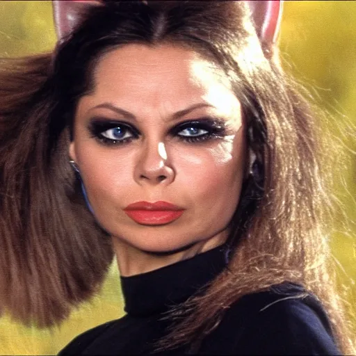Image similar to ornella muti as cat woman unzipping her jumpsuit, 8 k resolution hyperdetailed photo realistic, extremely high quality and life like