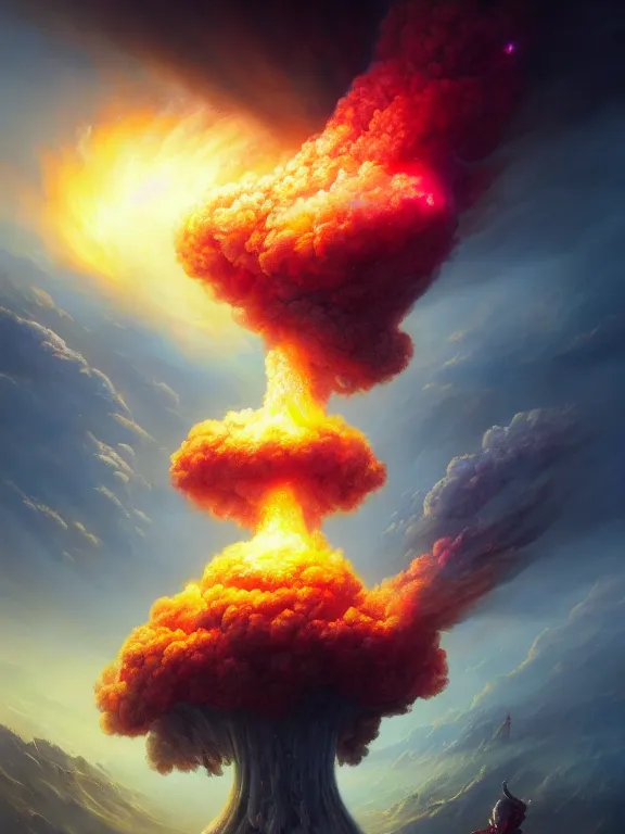 Prompt: photo of 8k ultra realistic nuclear explosion, mushroom cloud, full of colour, cinematic lighting, battered, trending on artstation, 4k, hyperrealistic, focused, extreme details,unreal engine 5, cinematic, masterpiece, art by Peter Mohrbacher