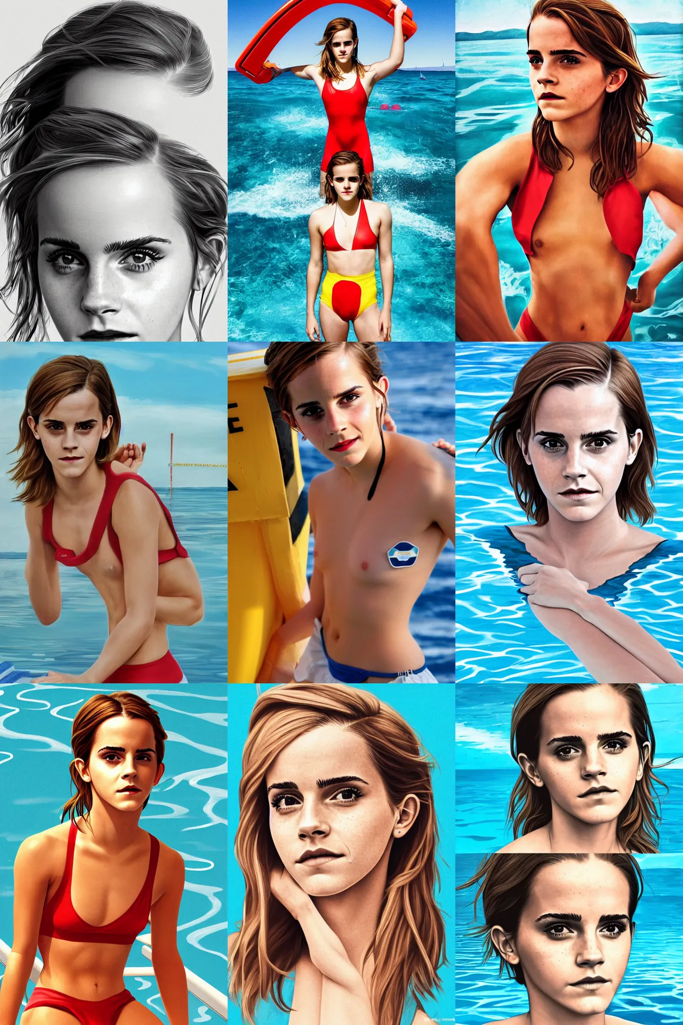 Prompt: emma watson as sea lifeguard!, full!! body! shot, perspective, colored, standing!!!, perfect symmetrical face! perfect eyes!!, by charlotte grimm, natural light, sharp focus, detailed face, canon eos c 3 0 0, ƒ 1. 8, 3 5 mm, 8 k, smooth, artstation, illustration!