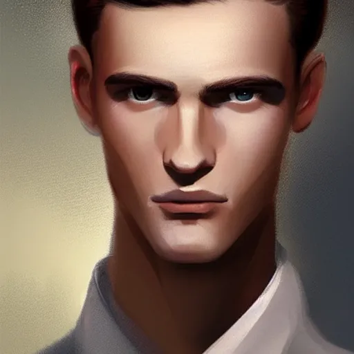 Prompt: tall man in his twenties with brown blond short quiff hair and thin slightly round facial structure with cleft chin, straight eyebrows and prominent bumpy nose, good definition of cheekbones, big hazel nut brown eyes, narrow face, slim body, atmospheric lighting, painted, intricate, 4 k, highly detailed by charlie bowater