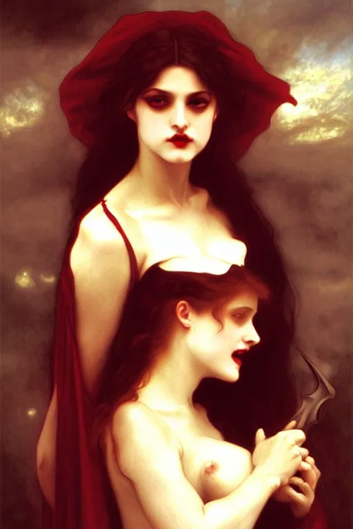 Image similar to vampire in big hate, painting by rossetti bouguereau, detailed art, artstation