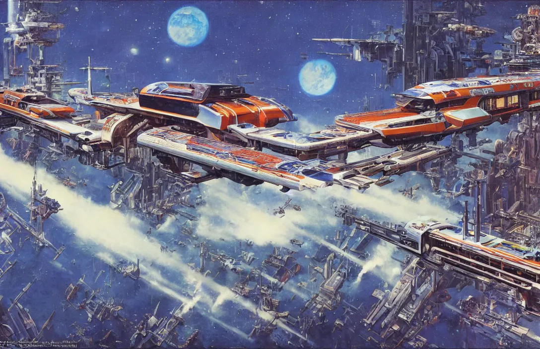 Image similar to a retro futurism elevated railway on colonized planet by robert mccall and john berkey | ralph mcquarrie :. 5