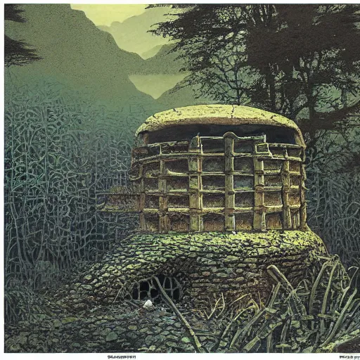 Prompt: pillbox paragonpunk fortress half-sunk in a noxious Swamp, by Colleen Doran and by Angus McBride and by Ted Nasmith, low angle dimetric composition, crannog, 3-point perspective