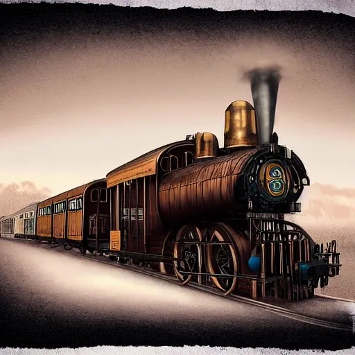 Prompt: a steampunk train, digital art, hyperrealistic