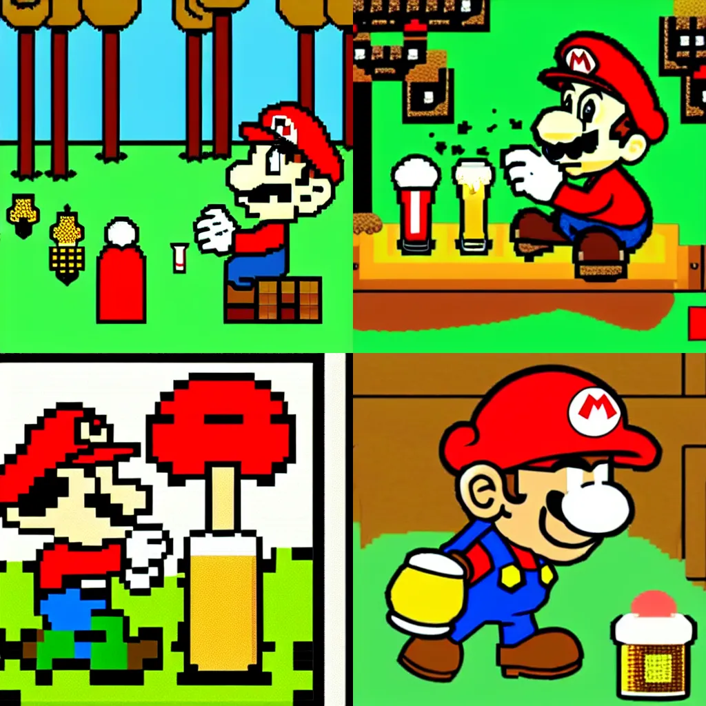 Image similar to beer, drunk mario drinks beer in forest with mushrooms and big fly agaric, 8 bit, cartoon