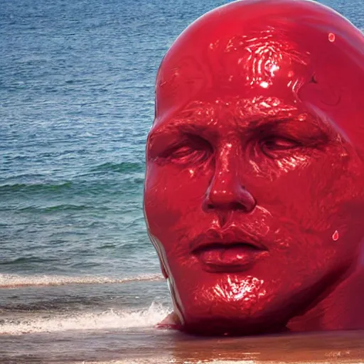 Prompt: a giant human head sculpture in the sea made out of juicy and transparent red jelly, in the style of chad knight, long shot, hyper detailed, hyper realistic, ray tracing, 8 k resolution, sharp focus, realistic water, award winning