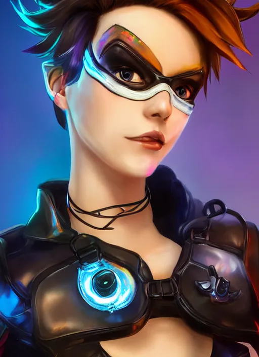 Image similar to portrait bust digital artwork of tracer overwatch, wearing black iridescent rainbow latex tank top, 4 k, expressive happy smug expression, makeup, in style of mark arian, angel wings, wearing detailed black leather collar, chains, black leather harness, detailed face and eyes,