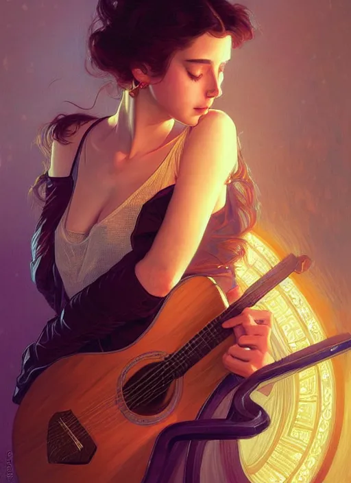 Image similar to portrait girl playing guitar in a tv screen, intricate, hivis, elegant, beautiful, highly detailed, digital painting, artstation, concept art, smooth, sharp focus, illustration, art by artgerm and greg rutkowski and alphonse mucha