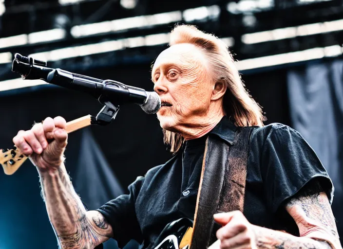 Prompt: photo still of christopher walken on stage at vans warped tour!!!!!!!! at age 5 5 years old 5 5 years of age!!!!!!! shredding on guitar, 8 k, 8 5 mm f 1. 8, studio lighting, rim light, right side key light