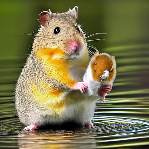 Prompt: a hamster riding a duck, wildlife photography-g