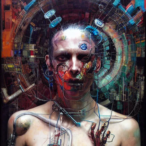 Prompt: male cyberpunk hacker dream thief mayan jaguar warrior, wires cybernetic implants, in the style of adrian ghenie, esao andrews, jenny saville, surrealism, dark art by james jean, takato yamamoto