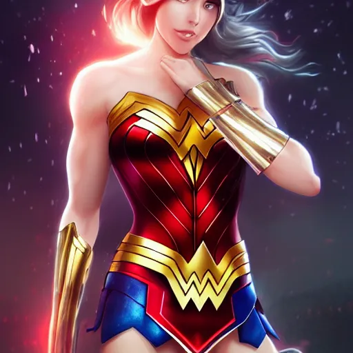 Prompt: A potrait of realistic anime wonder woman, digital painting, by WLOP and Rossdraws, digital painting, trending on ArtStation, deviantart