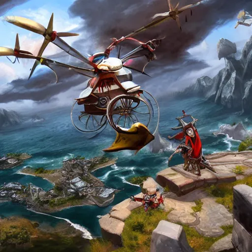 Prompt: pudge hooking gyrocopter with chen helping in background, dota 2, unreal engine, high detailed, fantasy matte painting, super wide angle