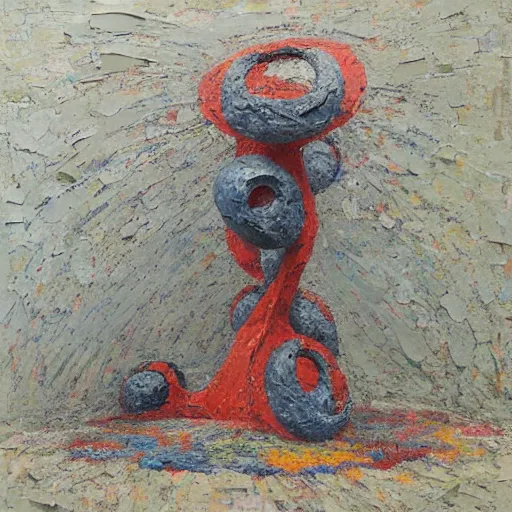 Image similar to a detailed impasto painting by shaun tan and louise bourgeois of an abstract forgotten sculpture by ivan seal and the caretaker