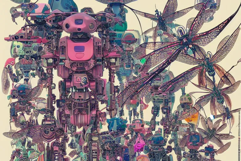 Image similar to gigantic dragonflies with human faces catch tiny robots, a lot of exotic mechas robots around, human heads everywhere, risograph, colorful flat surreal design, super - detailed, a lot of tiny details, fullshot, by luigi serafini and moebius