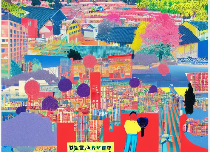 Prompt: award winning graphic design poster, photocollage art depicting a variety of japan travel, beauty, tastes, crafts and more, photocollage painting by David Hockney