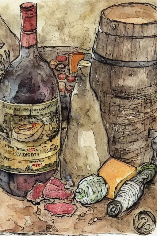 Prompt: pork, meat, schnapps, wine, cheese, candle on a barrel in a cellar, watercolor painting by anderz zorn and carl larsson