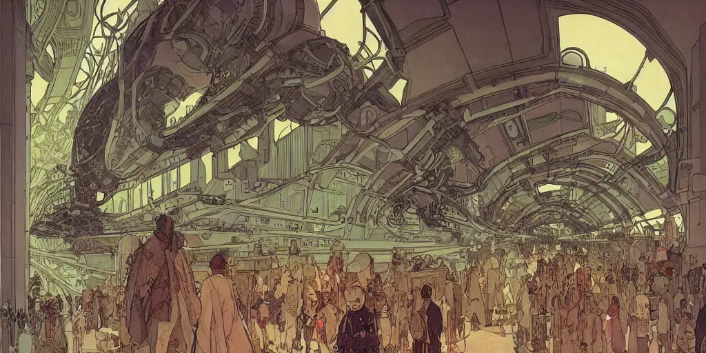 Prompt: steampunk starship hallway, kid and mad scientist walking, giant video screens, sci - fi, big interior plants, retrofuturism, concept art by mucha and moebius and victo ngai, architecture by francois schuiten, clean line, diesel punk, artstation