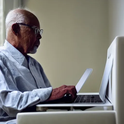 Image similar to elderly man sitting in a casket browsing internet on laptop from a casket casket