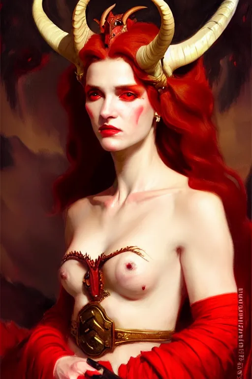 Prompt: painted close - up portrait of a very attractive red - skinned intimidating demon queen with ram horns! oil painting, wearing a noblewoman's outfit, fantasy art by john singer sargent and gaston bussiere and james jean and greg rutkowski, demon noble character design, hd