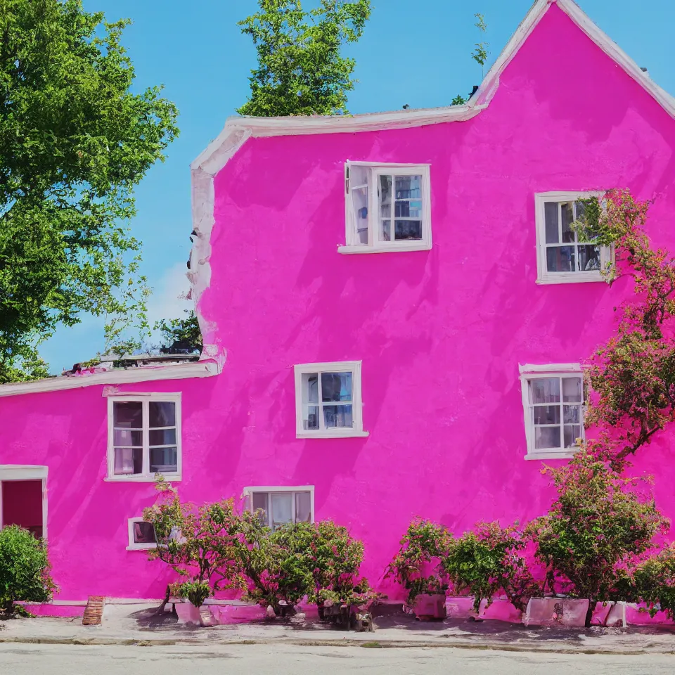 Image similar to Photograph of a magenta pink house, sunny weather