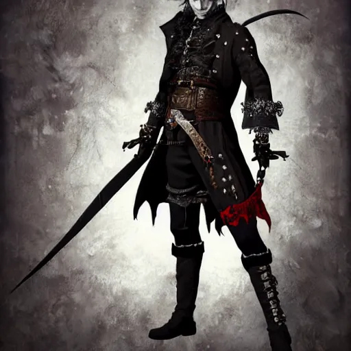 Prompt: Full body profile of Male Victorian Gothic Pirate Genshin Impact character, hd, intricate, bloodborne, 8k, digital art