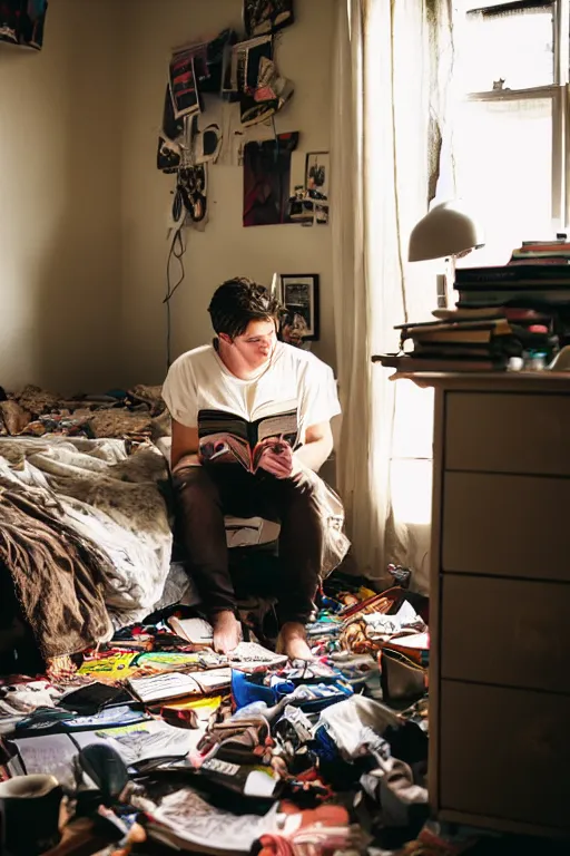 Image similar to a dramatic lighting photo of a guy reading a book in a cluttered messy 9 0 s bedroom, lofi, lo fi,