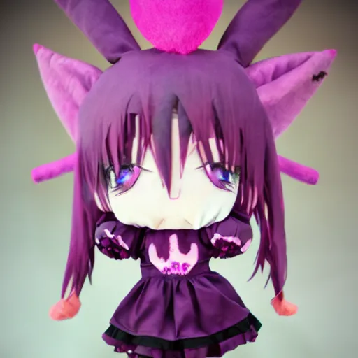 Image similar to cute fumo plush of a void imp who crawled out a hole in reality, anime girl, black and purple flares and ribbon and heart, ruffled and tattered dress, symmetry, gothic, melting crayons, glow, vray