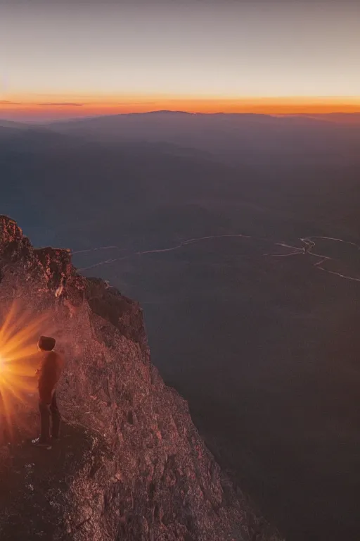Prompt: a movie still of a man standing on the top of a mountain landscape at sunset, drone shot, golden hour